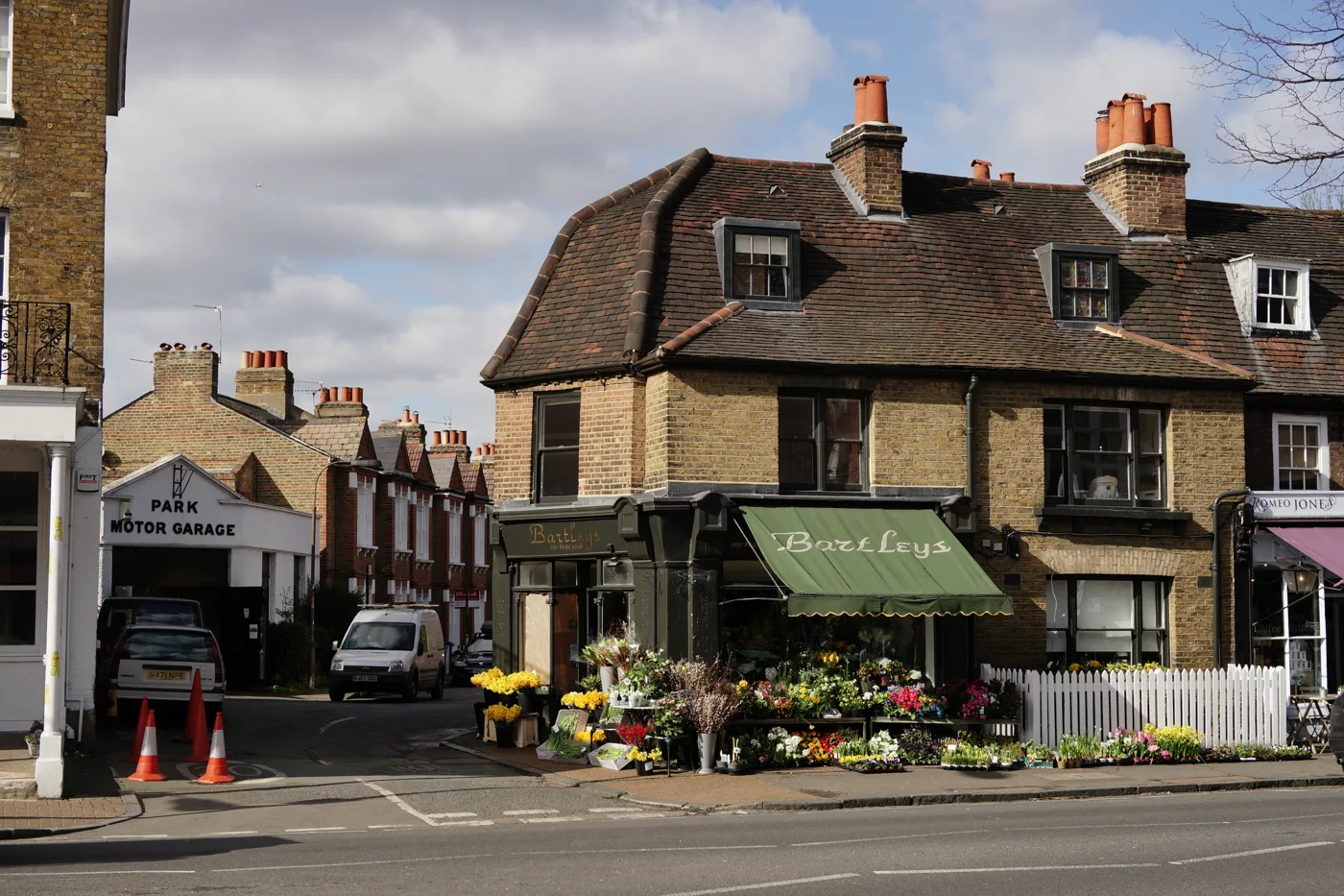 Shops on the Dulwich Village parade, photographed in spring. The Dulwich Estate puts Christmas trees and lights along this stretch each year, with no switch-on ceremony