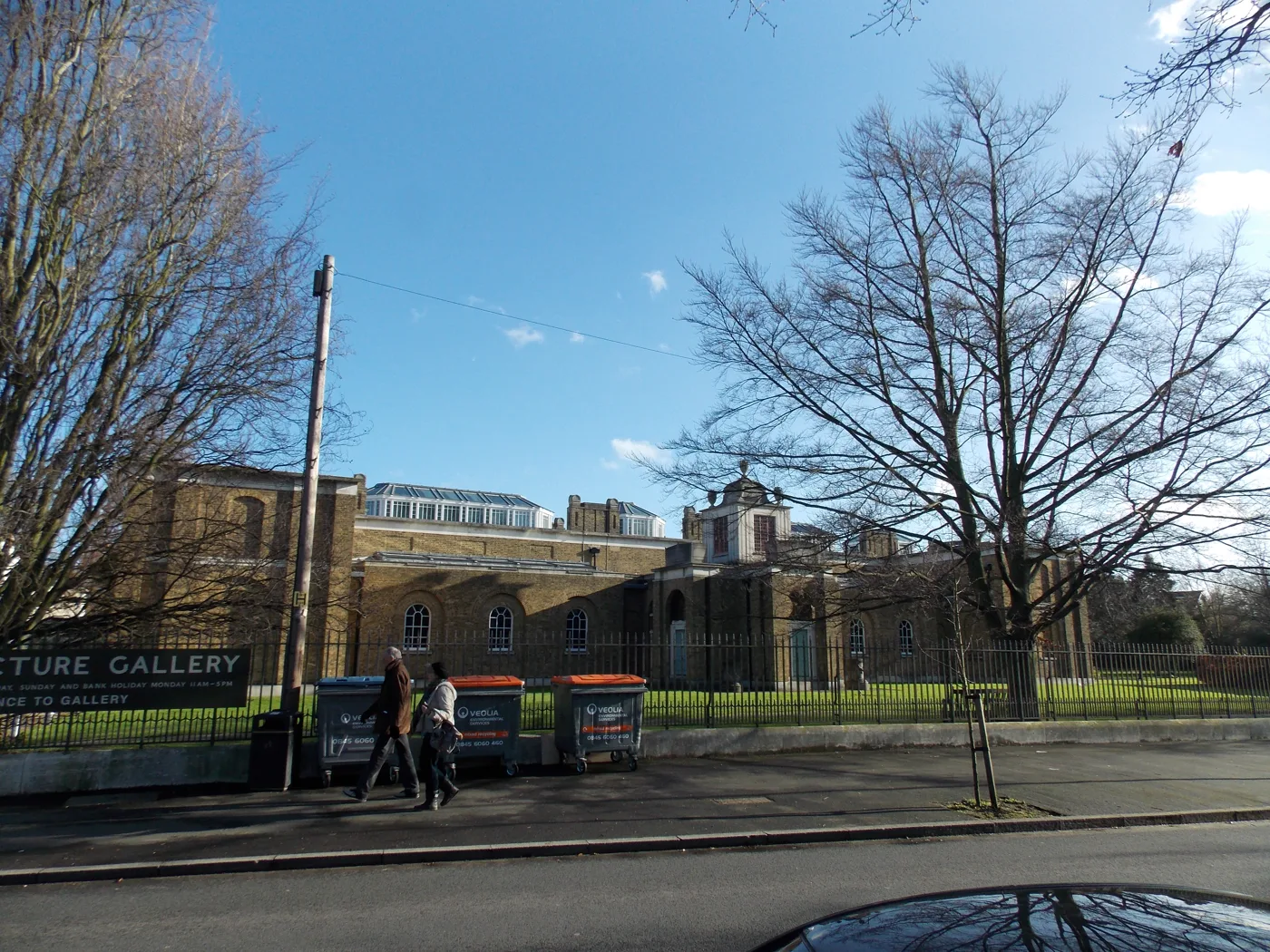 Dulwich Picture Gallery seen from Gallery Road in January 2013. The double yellow lines are going on the two bends near the gallery, but shorter than first drawn